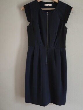 Rebecca Taylor Size 2 Short Sleeve Two Tone Sheath Dress Navy Blue Black  Zip